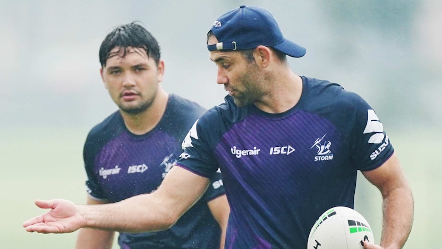 Cameron Smith directs Brandon Smith at Melbourne Storm training.