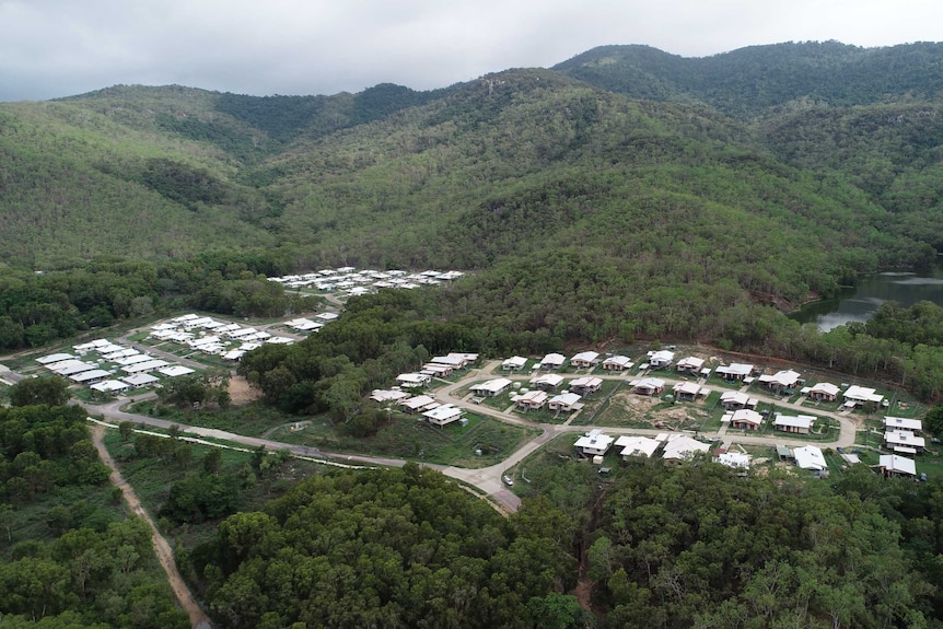 Drone aerial shot of Palm Island houses surrounded by lush green grass and bush