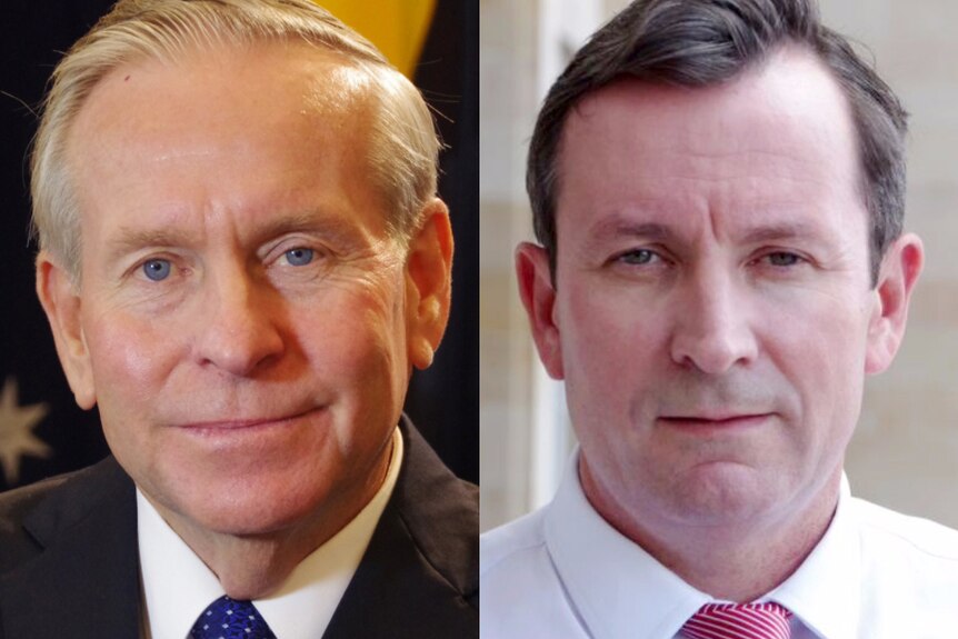 Composite image of WA Premier Colin Barnett (L) and WA Opposition Leader Mark McGowan (R), each looking at the camera.