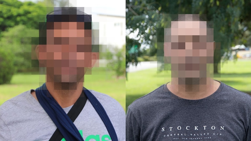 Composite of portraits of two men standing outdoors, both faces entirely pixelated.