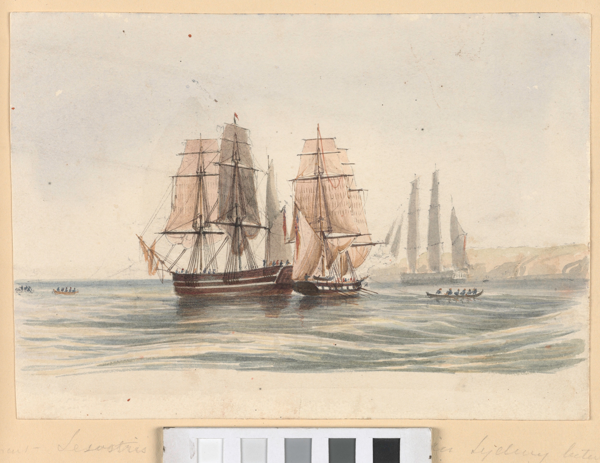 Watercolour painting shower three boats with sails, and a rowboat.