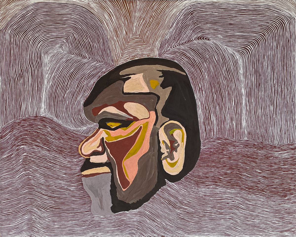 profile portrait of Aboriginal man made using ochre and lines
