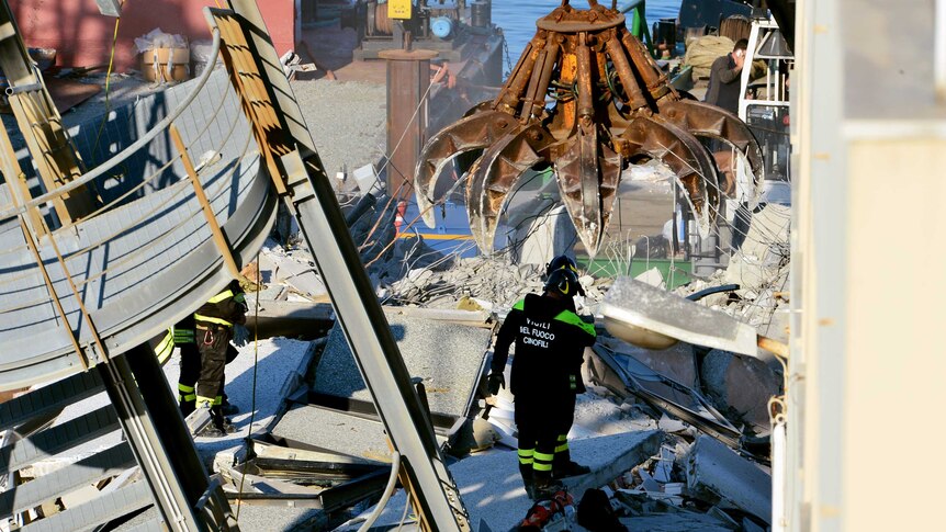 Rubble left after the Jolly Nero crashed into the Genoa port tower