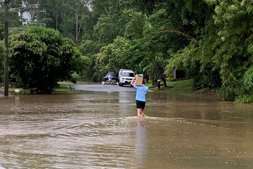 A man carries a box on his shoulders as he walks through a flooded street at Eumundi.