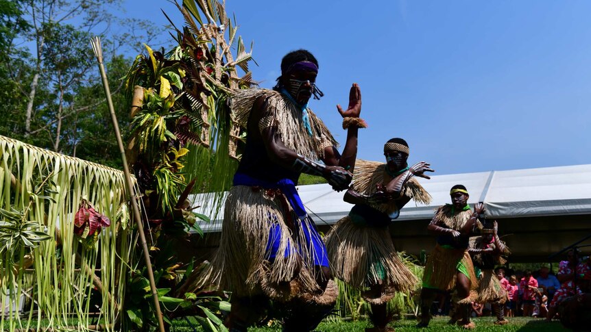 Torres Strait Islander dancers performing at the ceremony