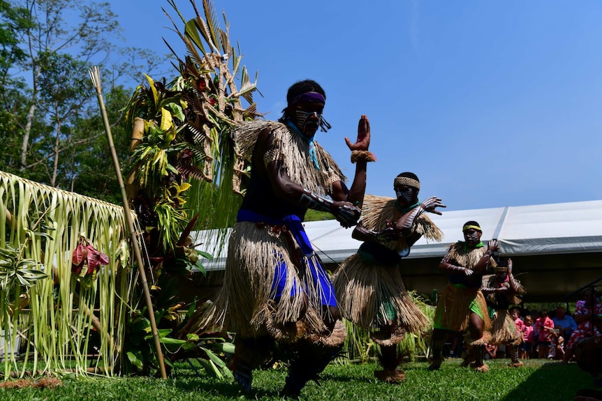 Torres Strait Islander dancers performing at the ceremony