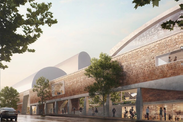 Concept art of the Powerhouse Museum with brick façade, cylindrical structures and green trees with foot traffic 