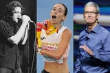 A composite image shows a man singing into a microphone, a female athlete looking shocked, and an older man presenting onstage.
