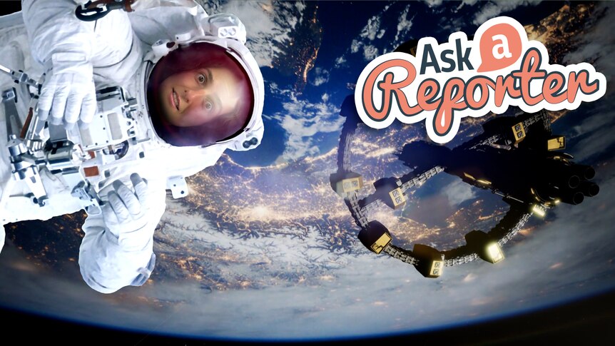 Michelle floats in an astronaut suit above the earth with a fictitious space station.