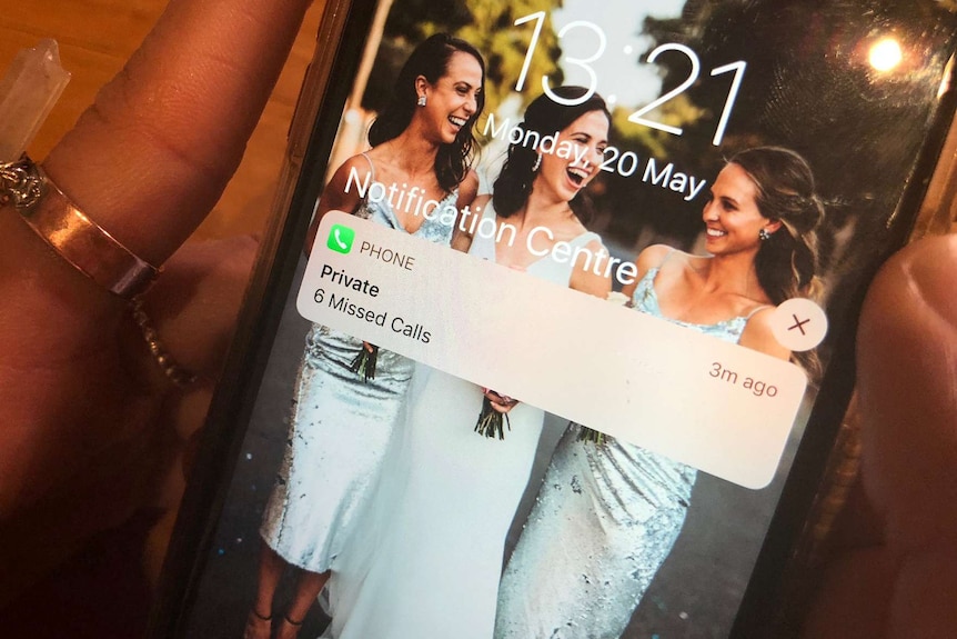 A mobile phone screen shows six missed calls from a private number.