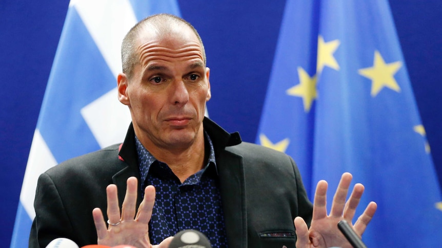 Greek finance minister Yanis Varoufakis speaks to the media after debt talks in Brussels