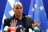 Greek finance minister Yanis Varoufakis speaks to the media after debt talks in Brussels