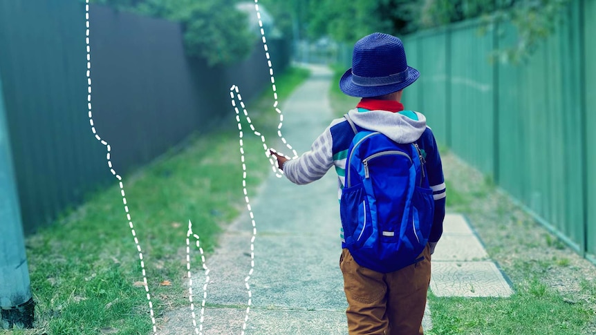 A child walks down a path holding the hand of an invisible parent to depict when kids can walk to school and play outside alone.