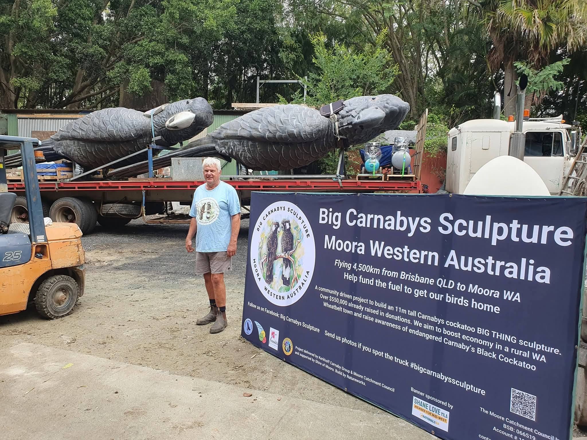A man stands in front of a truck and trailer carrying two giant black cockatoo sculptures.