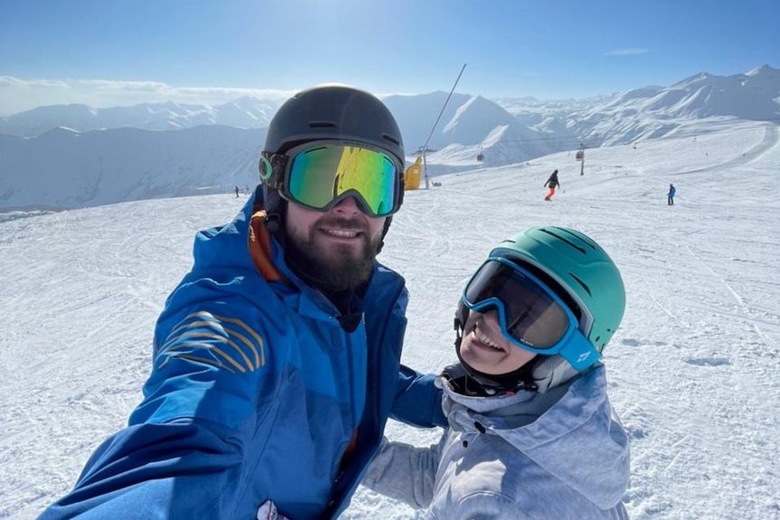 Sofia Hrabovetska and her husband skiing before the invasion of Ukraine