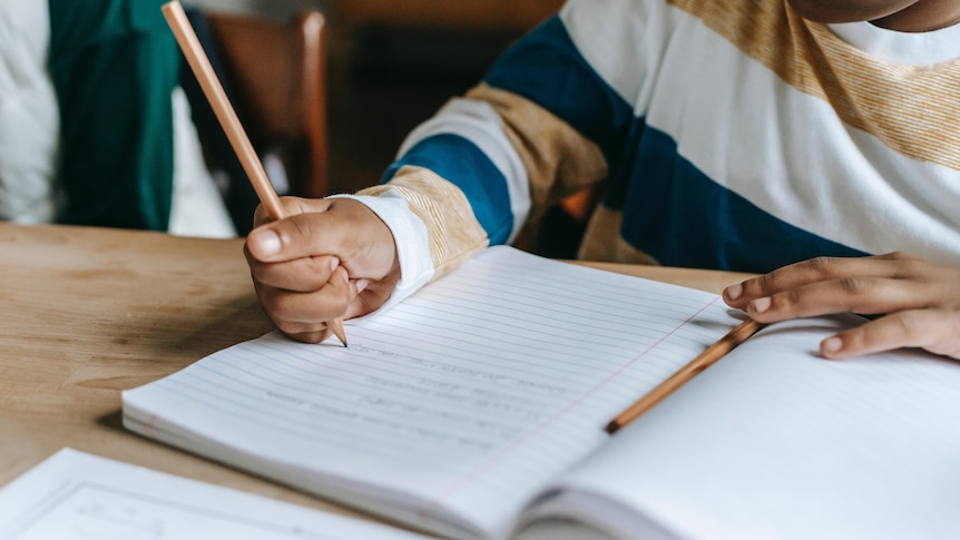 A close up of the hand of a child with brown skin and a striped long sleeve top, holding a pencil and writing in a book.