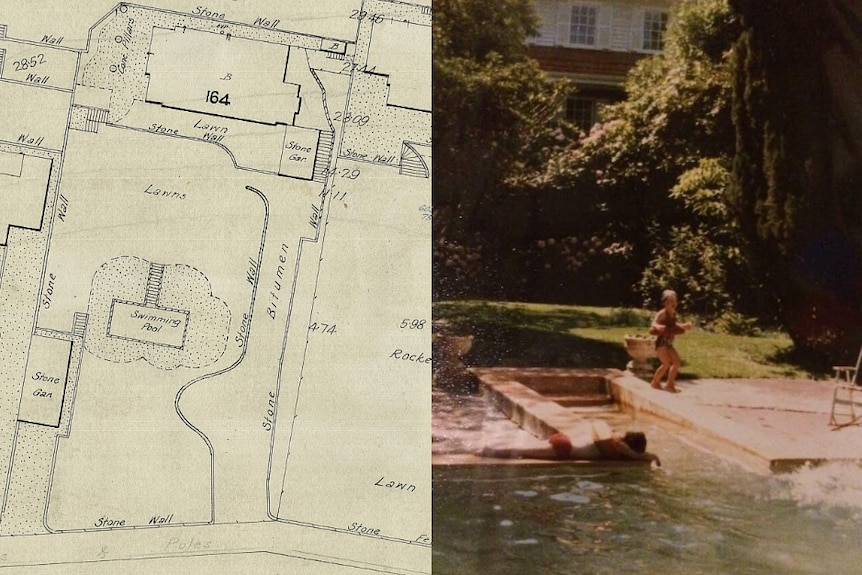 Composite image of house survey map and old photo of children playing in a swimming pool