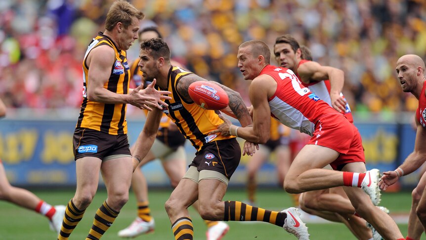 Sam Mitchell of Hawthorn claims possession during the grand final