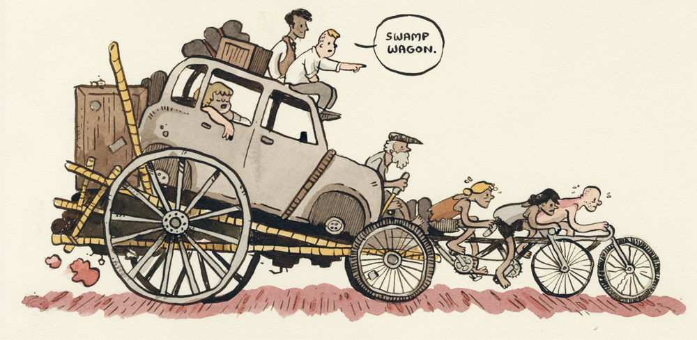 An illustration shows people on bicycles towing a trailer with a car on it. One character's speech bubble says "Swamp wagon"