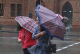 People with umbrellas struggle as they walk in the rain in the Perth CBD.