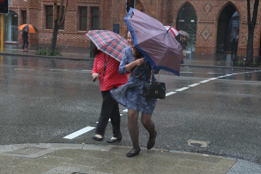 People with umbrellas struggle as they walk in the rain in the Perth CBD.