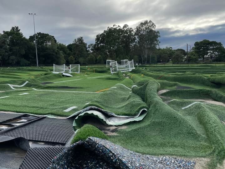 Damaged fake turf soccer fields