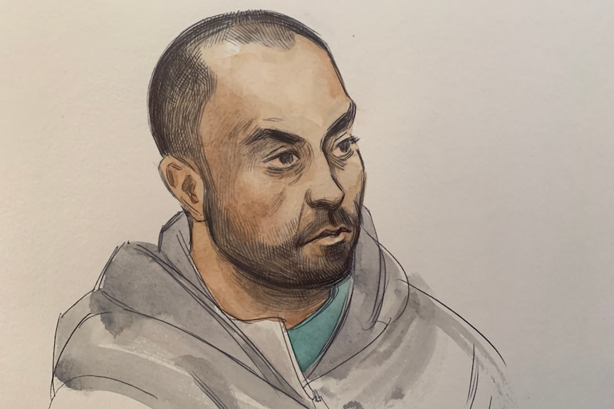 A court sketch of a man wearing a grey jumper with very short hair.