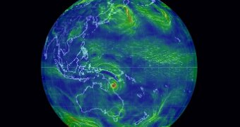 A blue and green map of cyclones forming