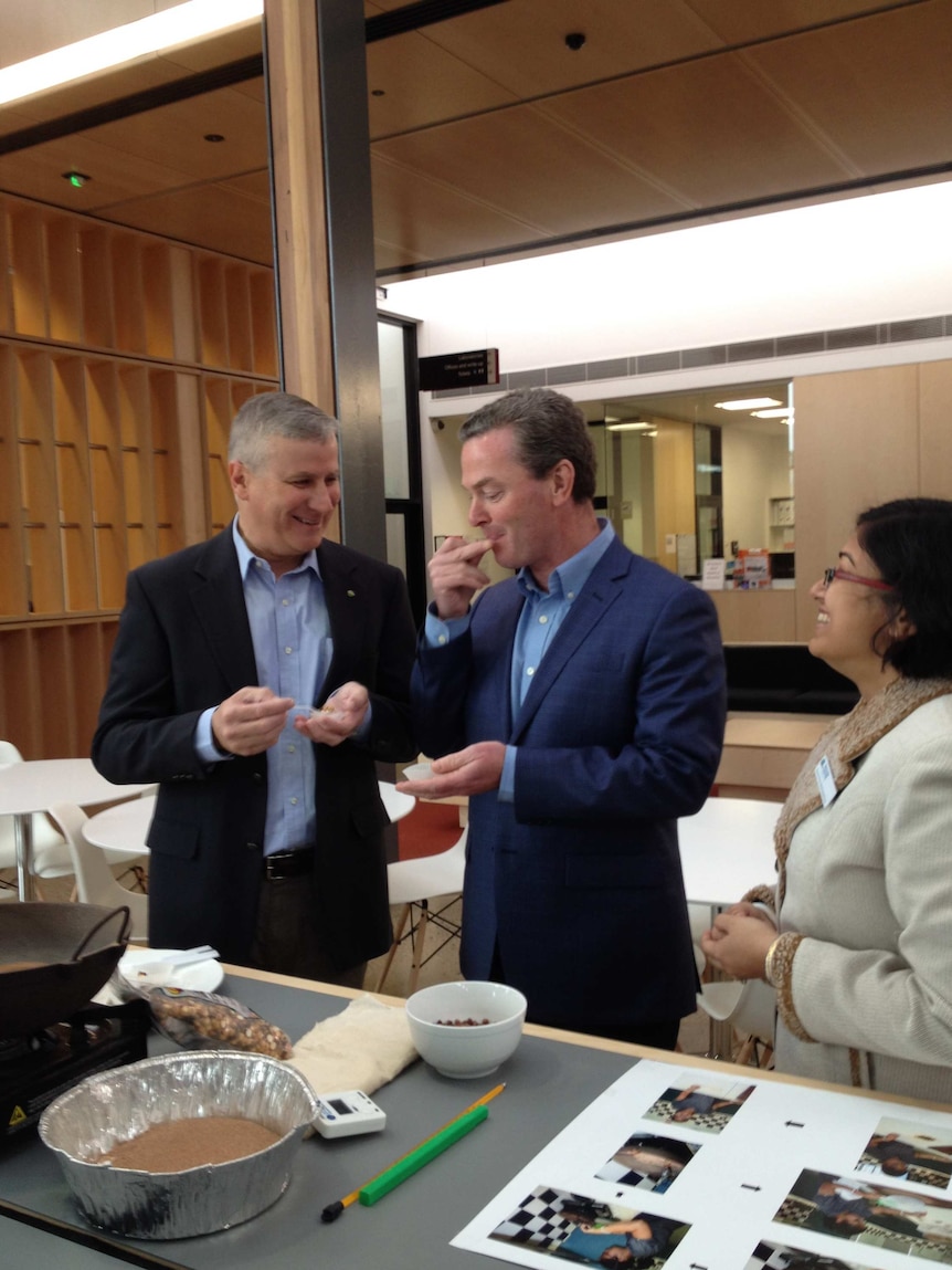 Christopher Pyne and Michael McCormack at Charles Sturt University in Wagga Wagga