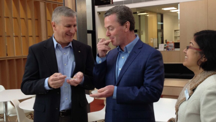 Christopher Pyne and Michael McCormack at Charles Sturt University in Wagga Wagga