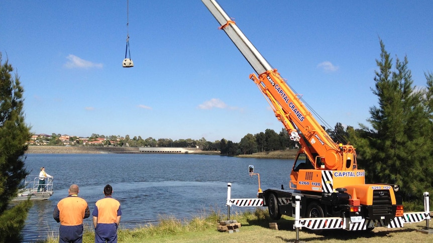 The reef balls are being lowered into different areas of the pond.