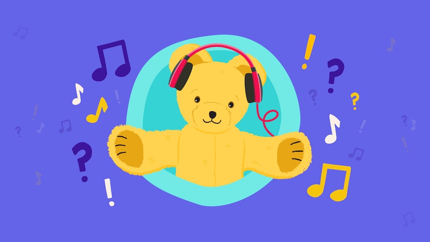 Animated image of Big Ted, a yellow teddy bear, wearing headphones and smiling, on a purple background.