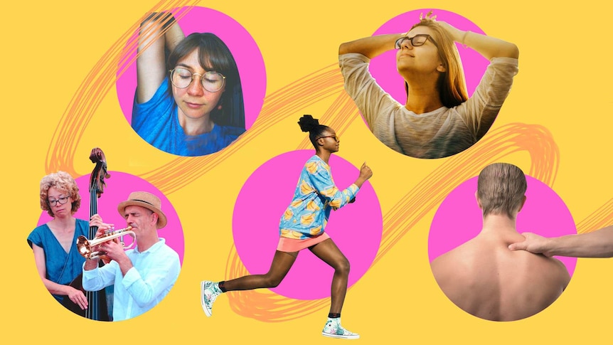 6 people appear in pink circles, performing different actions, sleeping, smiling, making music, running and getting a massage
