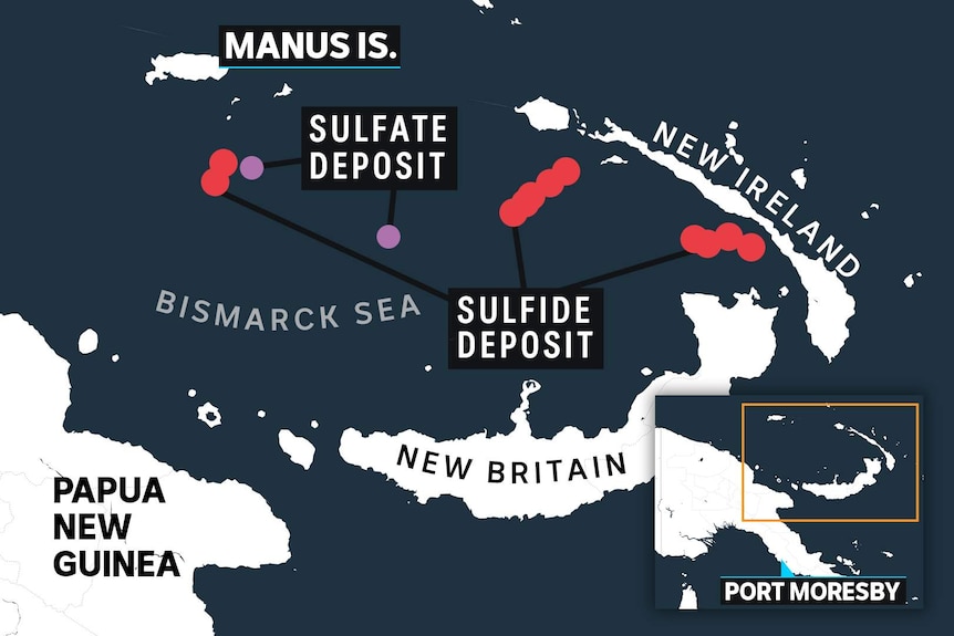 A map showing the Manus Basin with red and purple dots showing where sulfate and sulfide deposits are located.