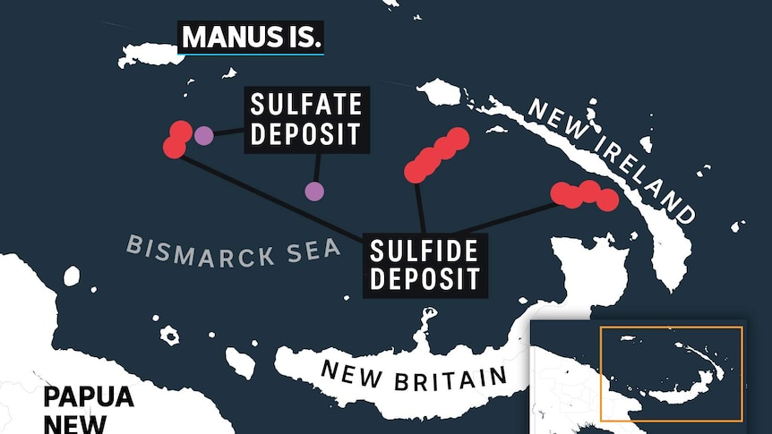 A map showing the Manus Basin with red and purple dots showing where sulfate and sulfide deposits are located.
