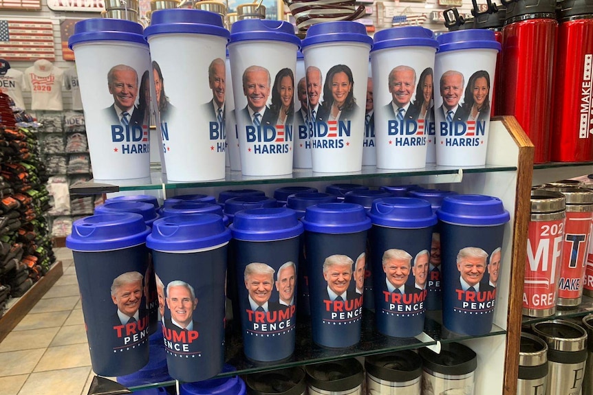 Keep cups with Joe Biden and Donald Trump's face on them.