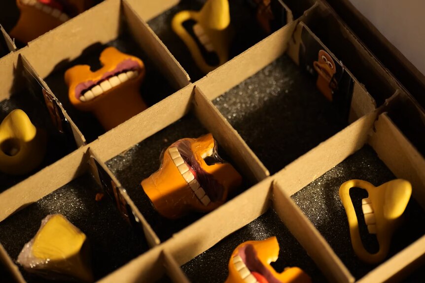 A box full of mouths from behind the scenes of Chicken Run: Dawn of the Nugget.