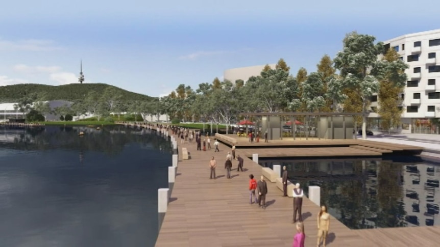 A boardwalk lines the shore of the entire West Basin of Lake Burley Griffin.