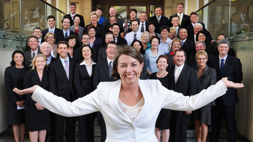 Qld Premier Anna Bligh with her new Labor Caucus with 18 new Cabinet Ministers and 9 parliamentary secretaries at Parliament House.