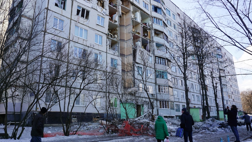 A residential building damaged by recent shelling.