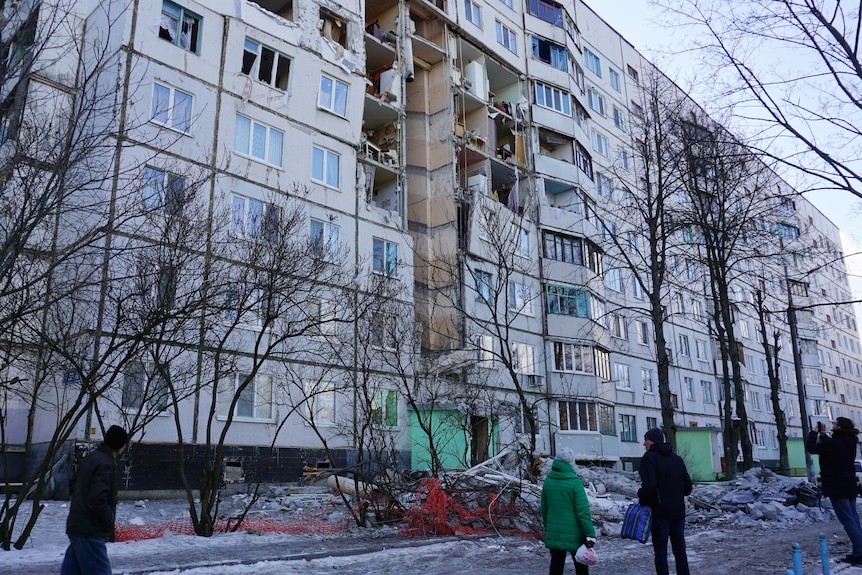 A residential building damaged by recent shelling.