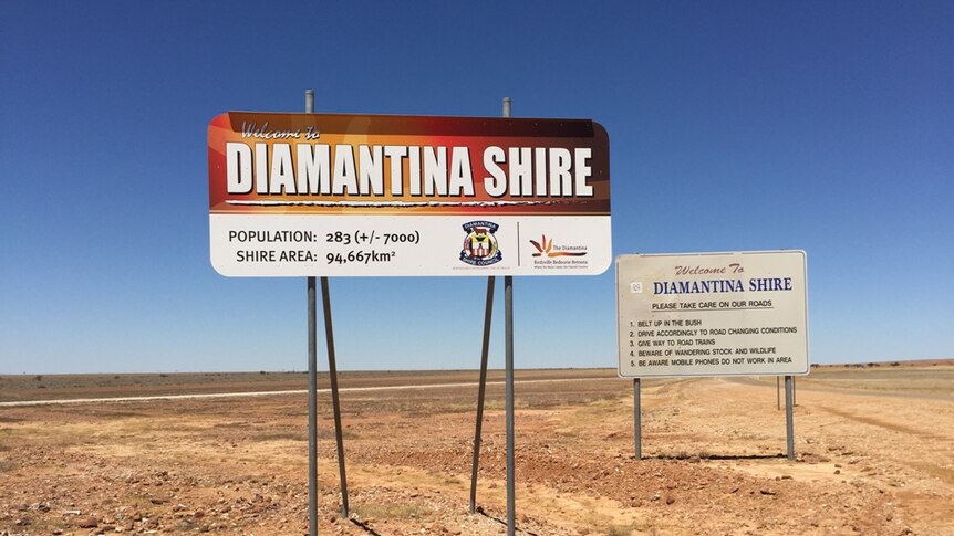 A Diamantina Shire sign in a dry outlook.