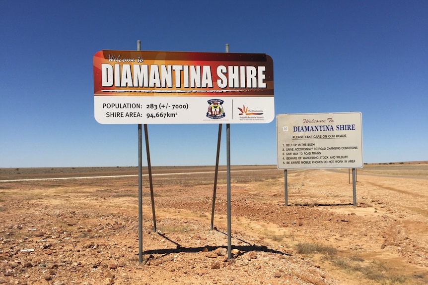 A Diamantina Shire sign in a dry outlook.