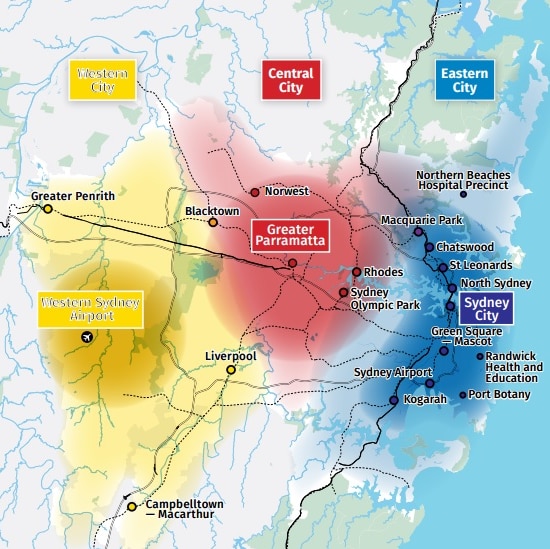 Three city map of greater Sydney