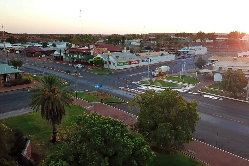 Long distance shot of town site, with green trees and shopping centers 