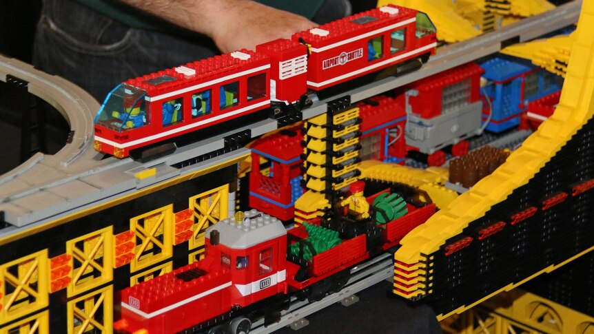 Double layers of trains in the giant combined display by the Canberra and Melbourne Lego Train Clubs.