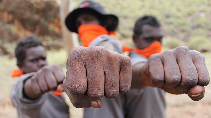 Aboriginal boys show their fists at NT Corrections bootcamp.