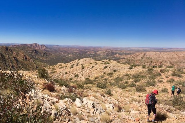 A arid Central Australian landscape with a few hikers on the track.