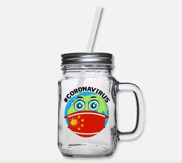 A mason jar with a coronavirus logo on it, which includes a Chinese flag made of viruses.