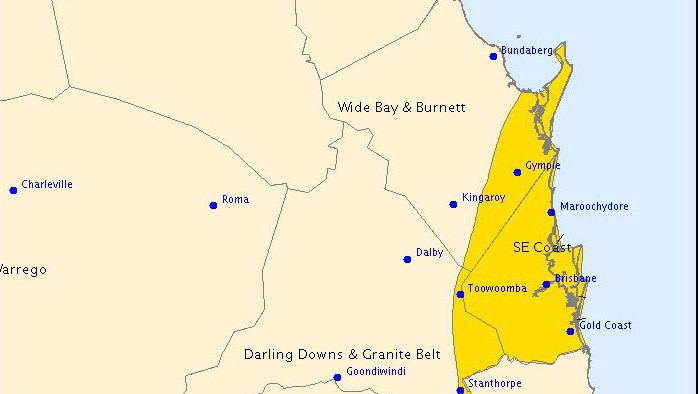 Weather bureau map of severe weather warning area in south-east Queensland